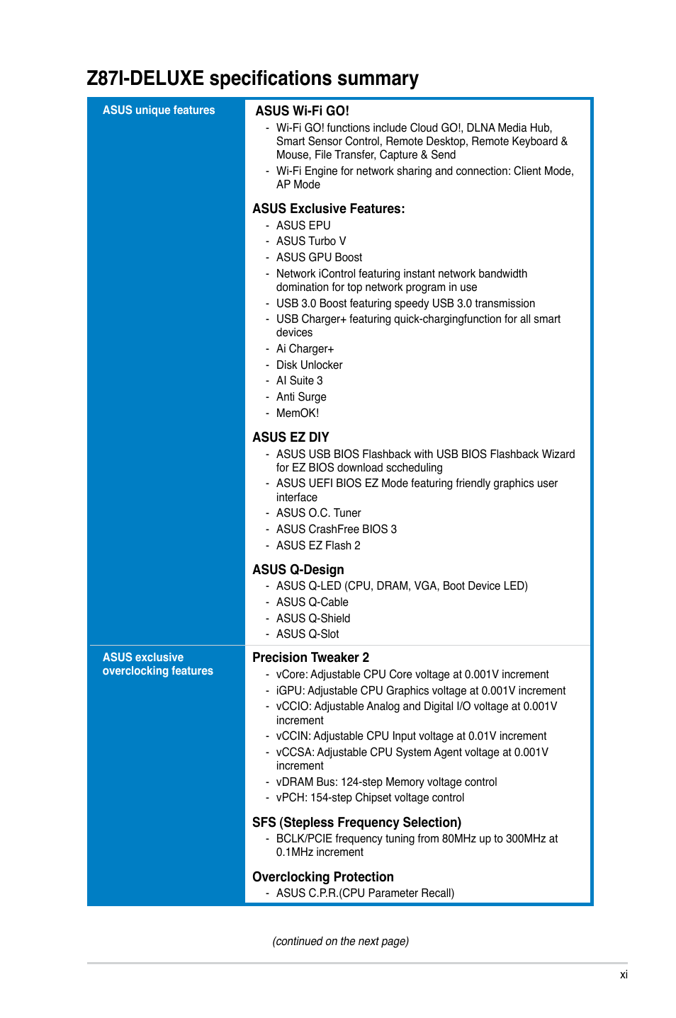 Z87i-deluxe specifications summary | Asus Z87I-DELUXE User Manual | Page 11 / 144