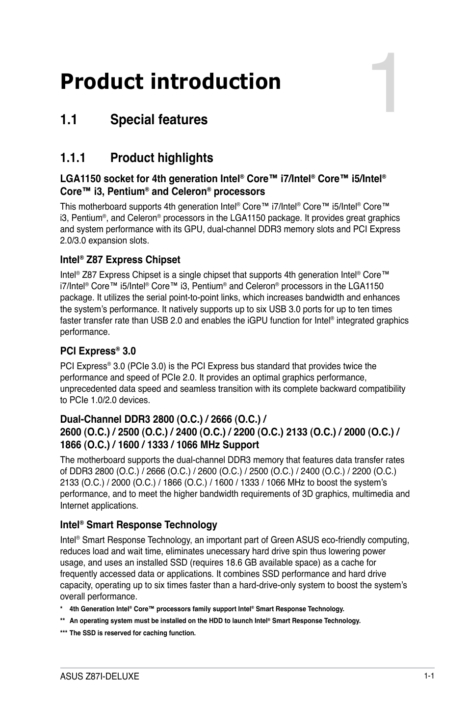 Chapter 1: product introduction, 1 special features, 1 product highlights | Chapter 1, Product introduction, Special features -1 1.1.1, Product highlights -1 | Asus Z87I-DELUXE User Manual | Page 15 / 144