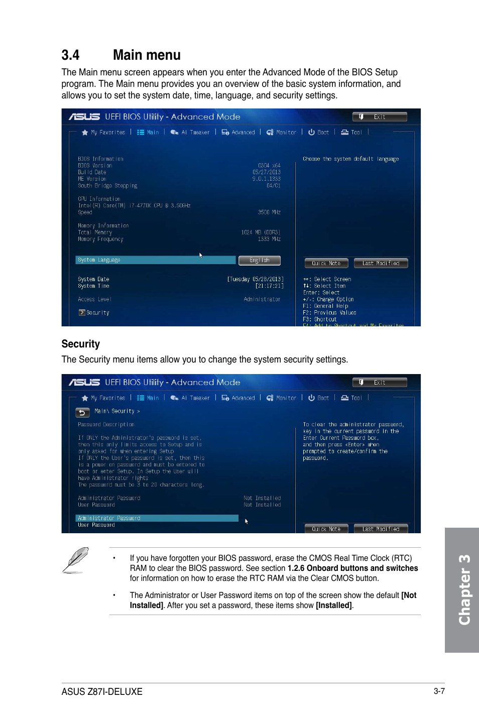 4 main menu, Main menu -7, Chapter 3 3.4 main menu | Asus Z87I-DELUXE User Manual | Page 67 / 144