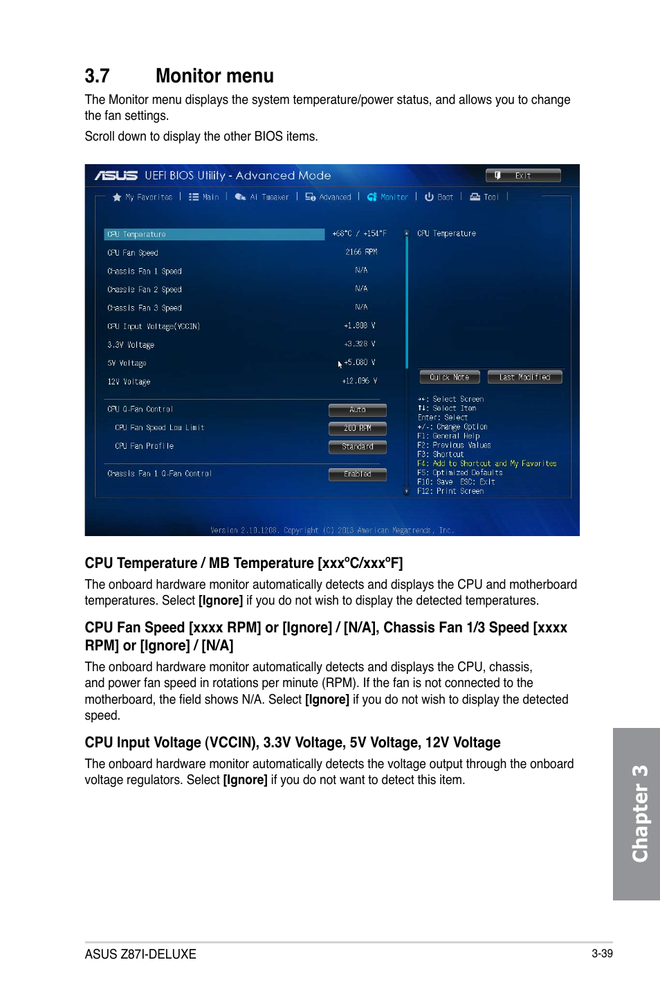 7 monitor menu, Monitor menu -39, Chapter 3 3.7 monitor menu | Asus Z87I-DELUXE User Manual | Page 99 / 144