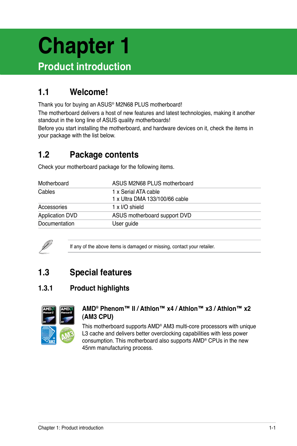 Chapter 1, Product introduction, 1 welcome | 2 package contents, 3 special features, 1 product highlights, Chapter 1: product introduction, Welcome! -1, Package contents -1, Special features -1 1.3.1 | Asus M2N68 PLUS User Manual | Page 11 / 54