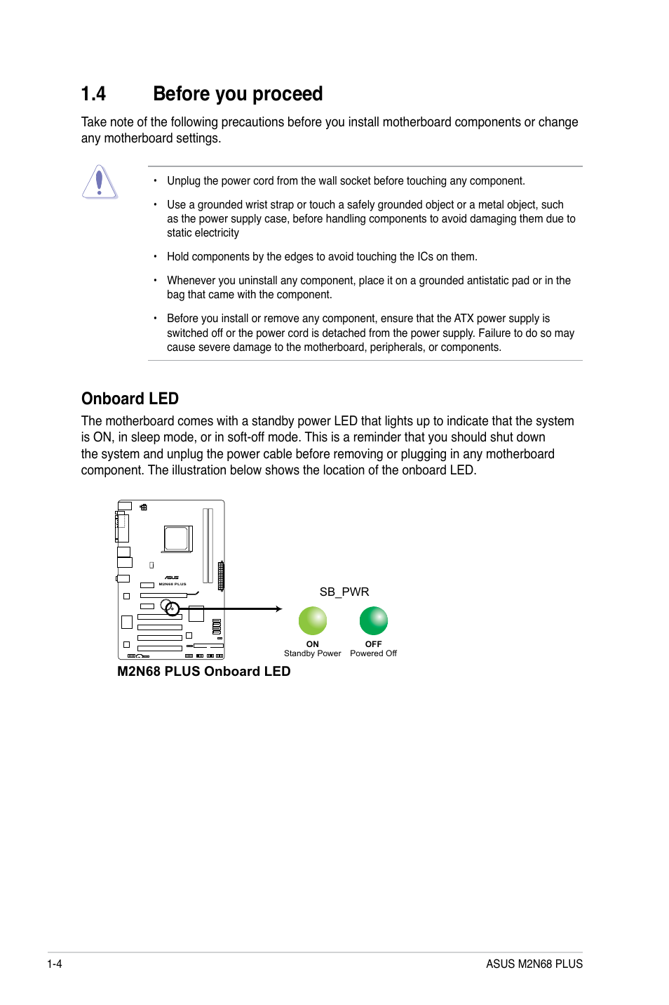 4 before you proceed, Before you proceed -4, Onboard led | Asus M2N68 PLUS User Manual | Page 14 / 54