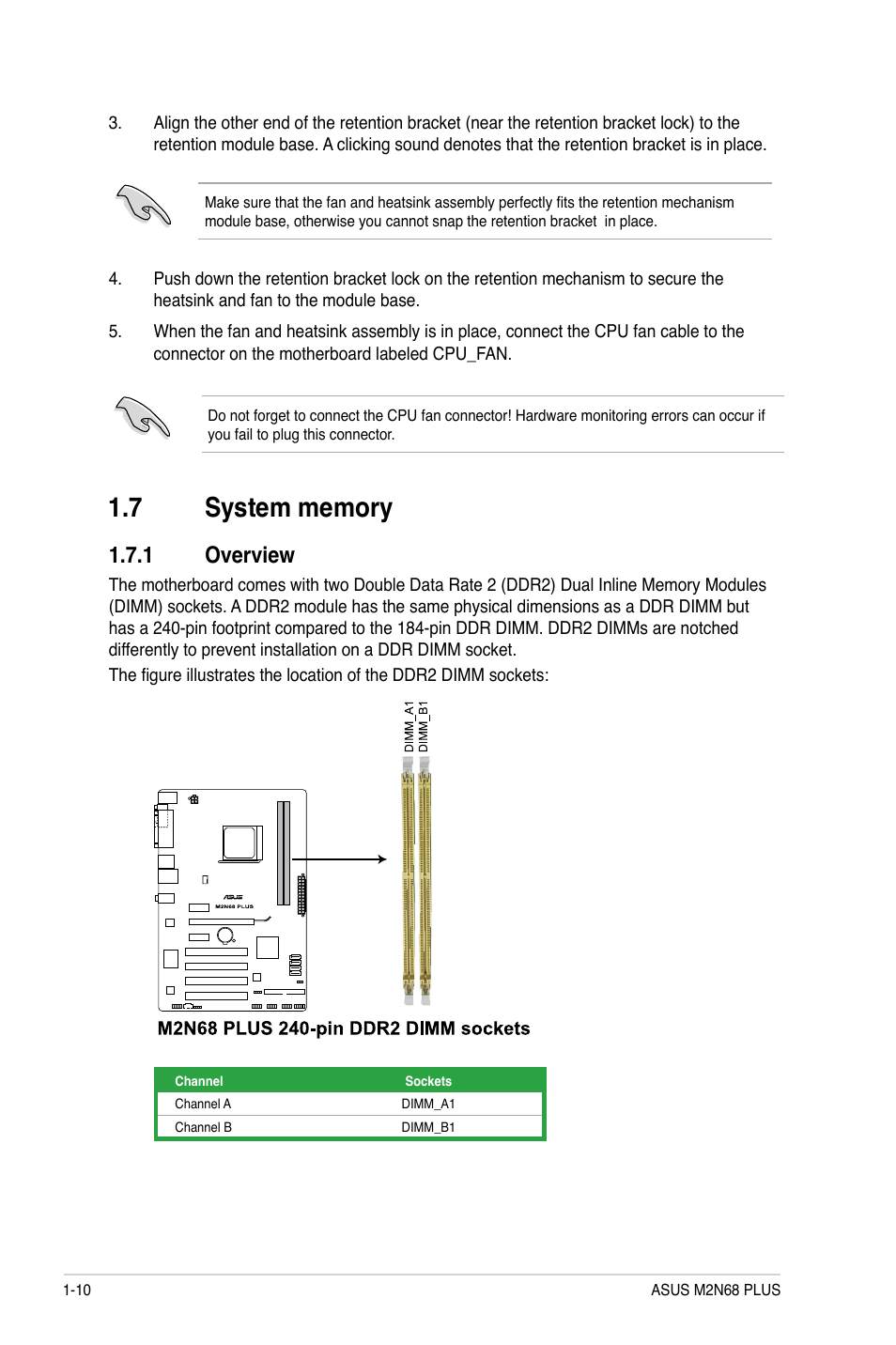 7 system memory, 1 overview, System memory -10 1.7.1 | Overview -10 | Asus M2N68 PLUS User Manual | Page 20 / 54