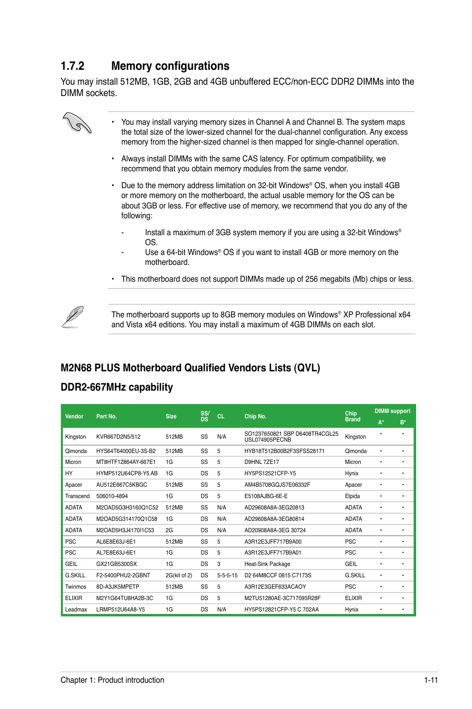2 memory configurations, Memory configurations -11 | Asus M2N68 PLUS User Manual | Page 21 / 54