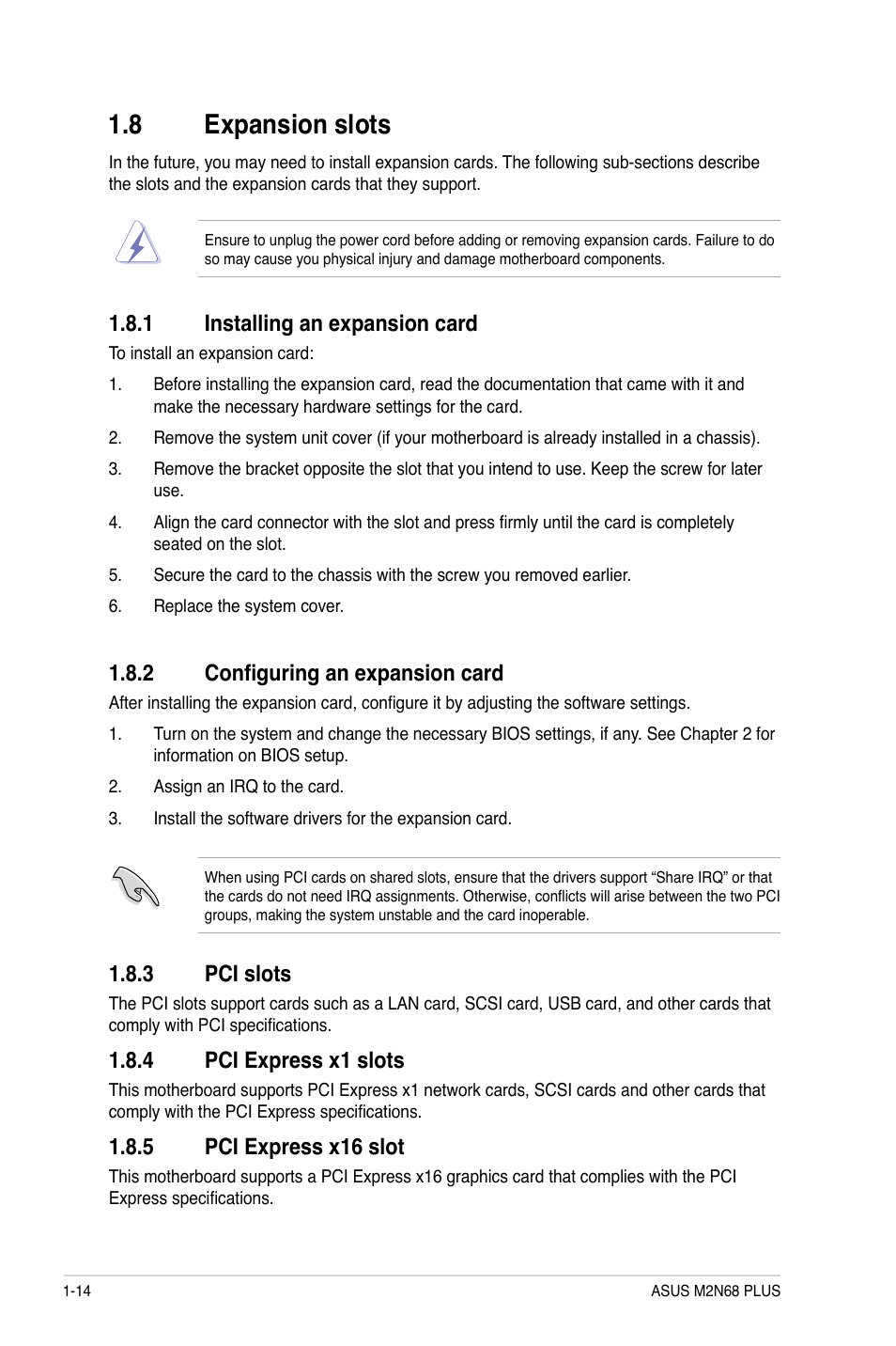 8 expansion slots, 1 installing an expansion card, 2 configuring an expansion card | 3 pci slots, 4 pci express x1 slots, 5 pci express x16 slot, Expansion slots -14 1.8.1, Installing an expansion card -14, Configuring an expansion card -14, Pci slots -14 | Asus M2N68 PLUS User Manual | Page 24 / 54