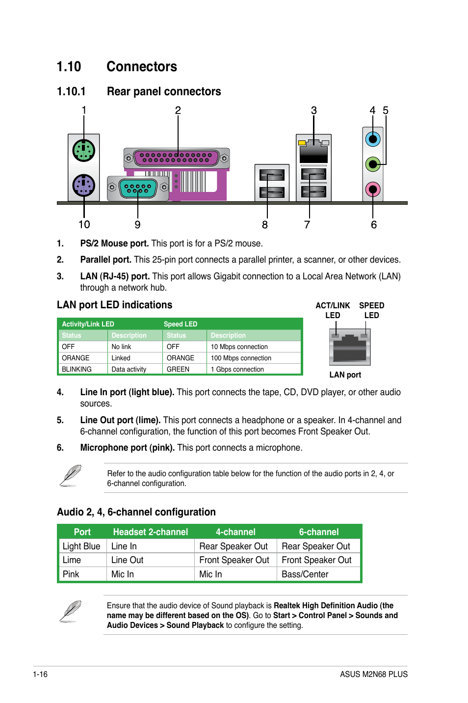 10 connectors, 1 rear panel connectors, 10 connectors -16 | 1 rear panel connectors -16 | Asus M2N68 PLUS User Manual | Page 26 / 54