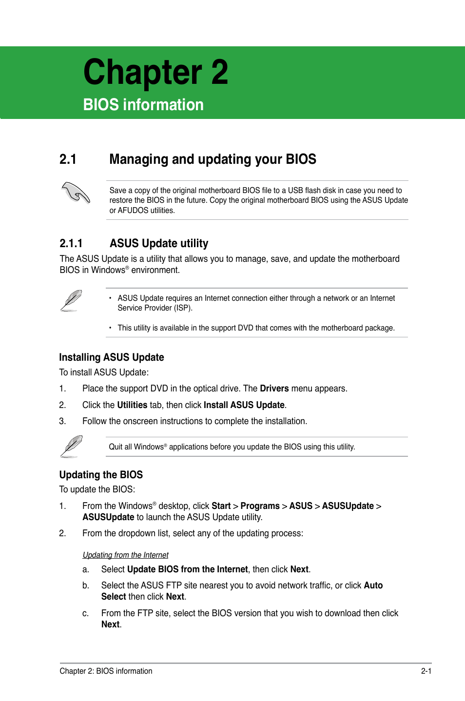 Chapter 2, Bios information, 1 managing and updating your bios | 1 asus update utility, Chapter 2 bios information, Managing and updating your bios -1 2.1.1, Asus update utility -1 | Asus M2N68 PLUS User Manual | Page 35 / 54