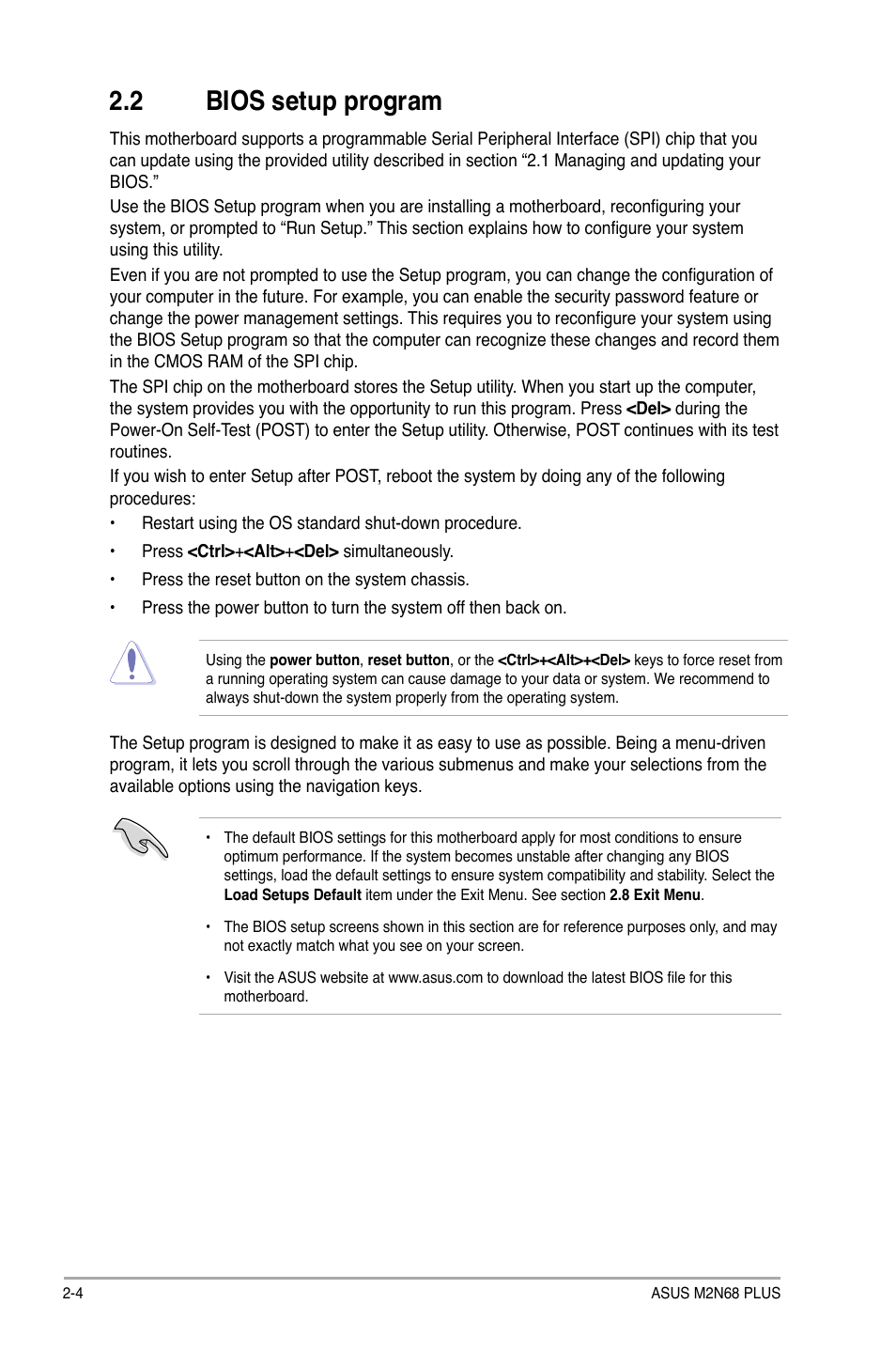 2 bios setup program, Bios setup program -4 | Asus M2N68 PLUS User Manual | Page 38 / 54