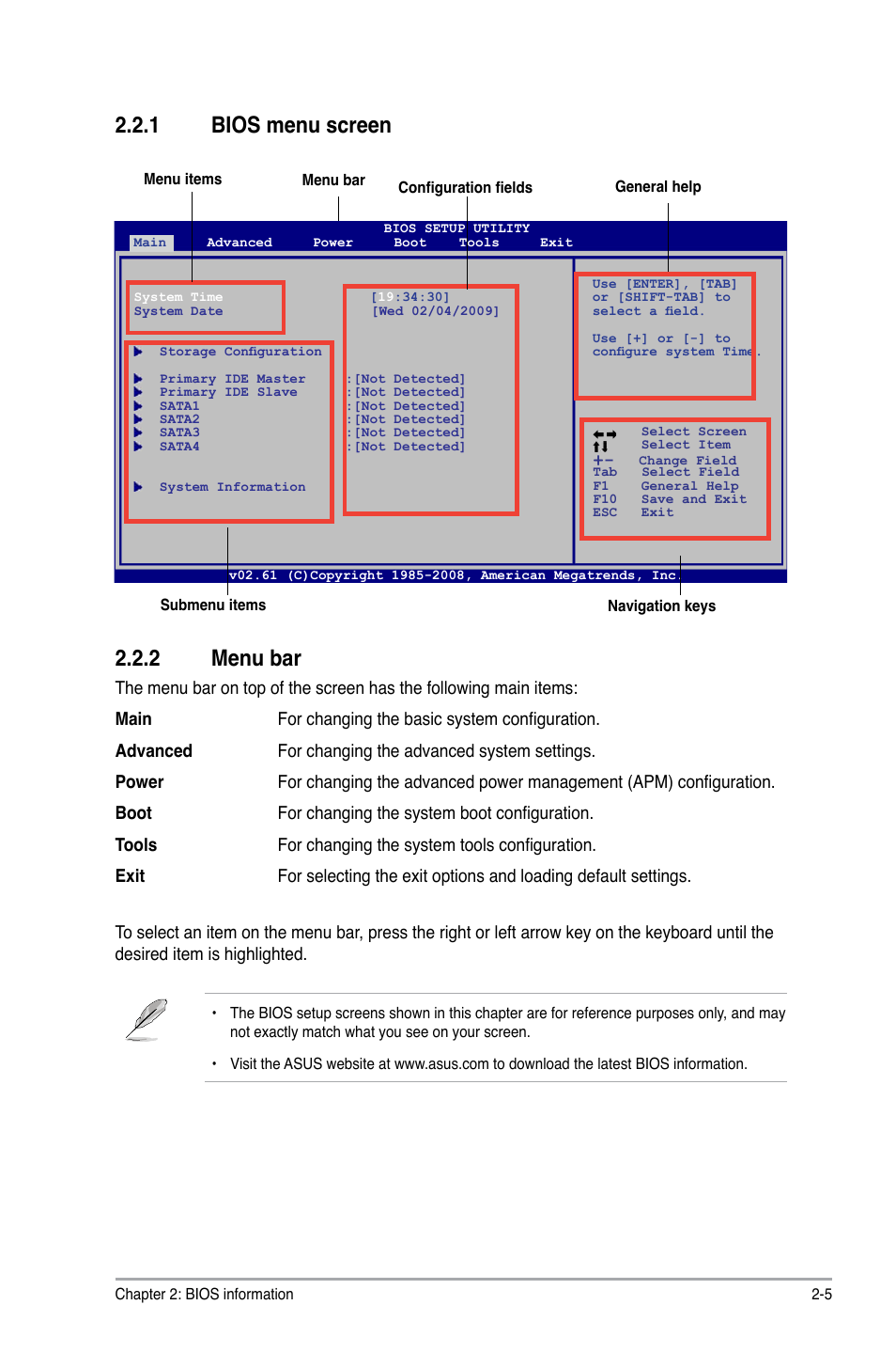 1 bios menu screen, 2 menu bar, Bios menu screen -5 | Menu bar -5, 1 bios menu screen 2.2.2 menu bar | Asus M2N68 PLUS User Manual | Page 39 / 54