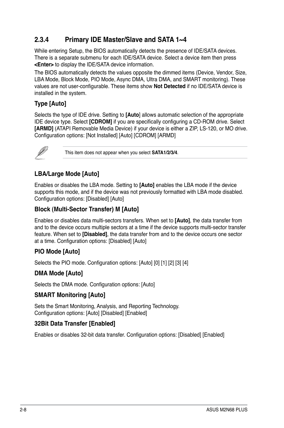 4 primary ide master/slave and sata 1~4, Primary ide master/slave and sata 1~4 -8 | Asus M2N68 PLUS User Manual | Page 42 / 54