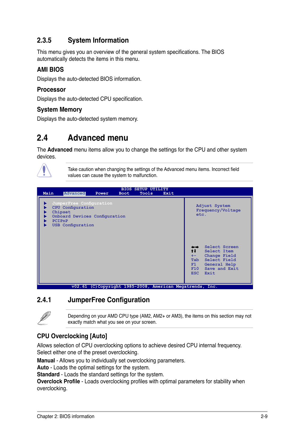 5 system information, 4 advanced menu, 1 jumperfree configuration | System information -9, Advanced menu -9 2.4.1, Jumperfree configuration -9, Ami bios, Processor, Cpu overclocking [auto | Asus M2N68 PLUS User Manual | Page 43 / 54