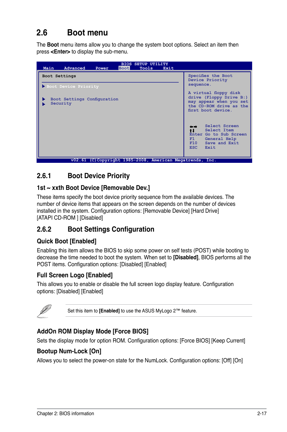 6 boot menu, 1 boot device priority, 2 boot settings configuration | Boot menu -17 2.6.1, Boot device priority -17, Boot settings configuration -17, 1st ~ xxth boot device [removable dev, Quick boot [enabled, Full screen logo [enabled, Addon rom display mode [force bios | Asus M2N68 PLUS User Manual | Page 51 / 54