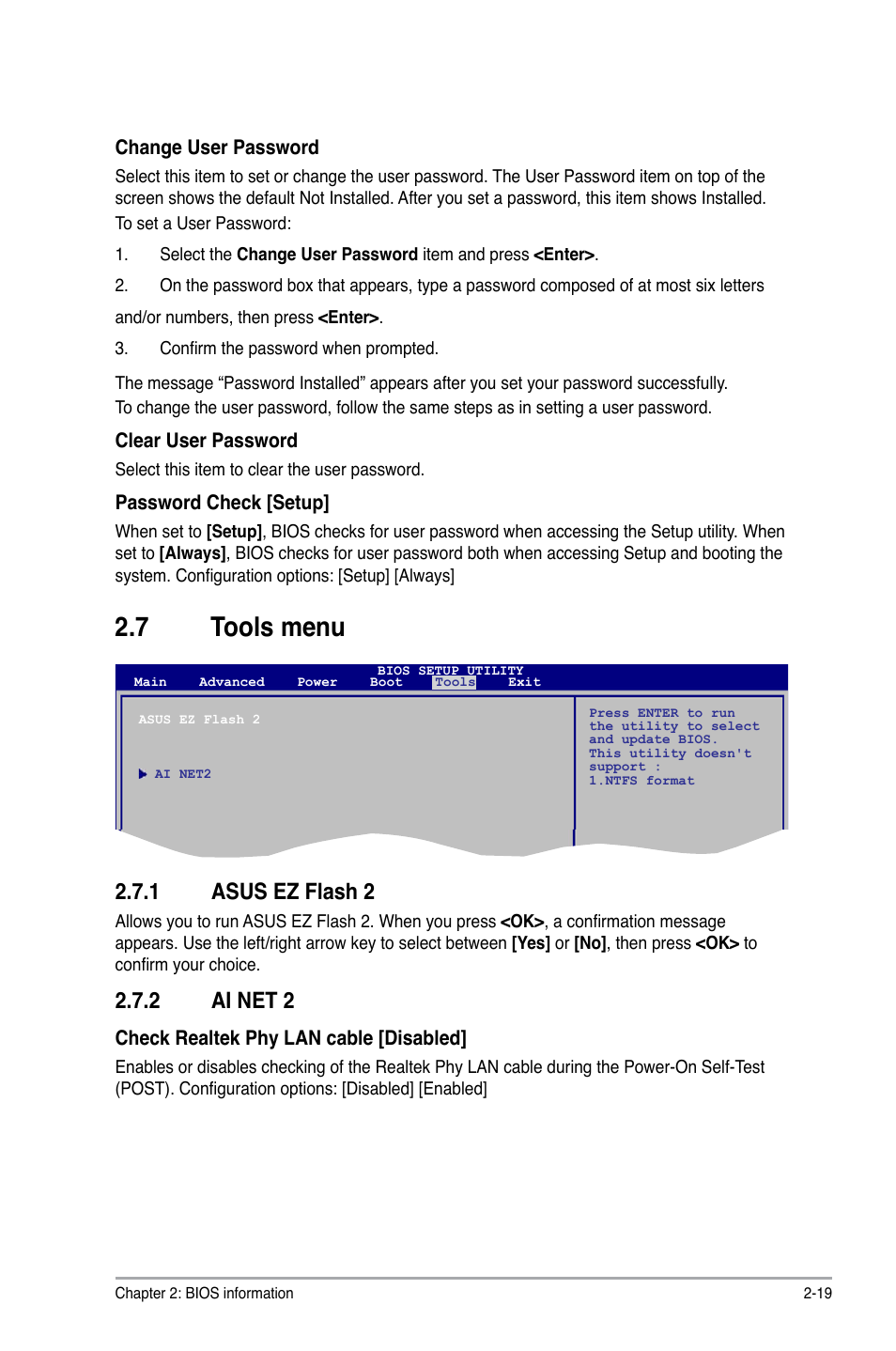 7 tools menu, 1 asus ez flash 2, 2 ai net 2 | Tools menu -19 2.7.1, Asus ez flash 2 -19, Ai net 2 -19 | Asus M2N68 PLUS User Manual | Page 53 / 54