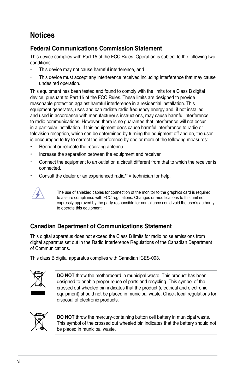 Notices, Federal communications commission statement, Canadian department of communications statement | Asus M2N68 PLUS User Manual | Page 6 / 54