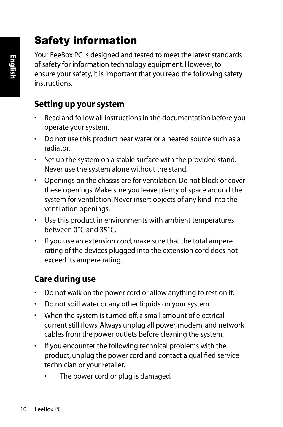 Safety information, Setting up your system, Care during use | Asus EB1007 User Manual | Page 10 / 179