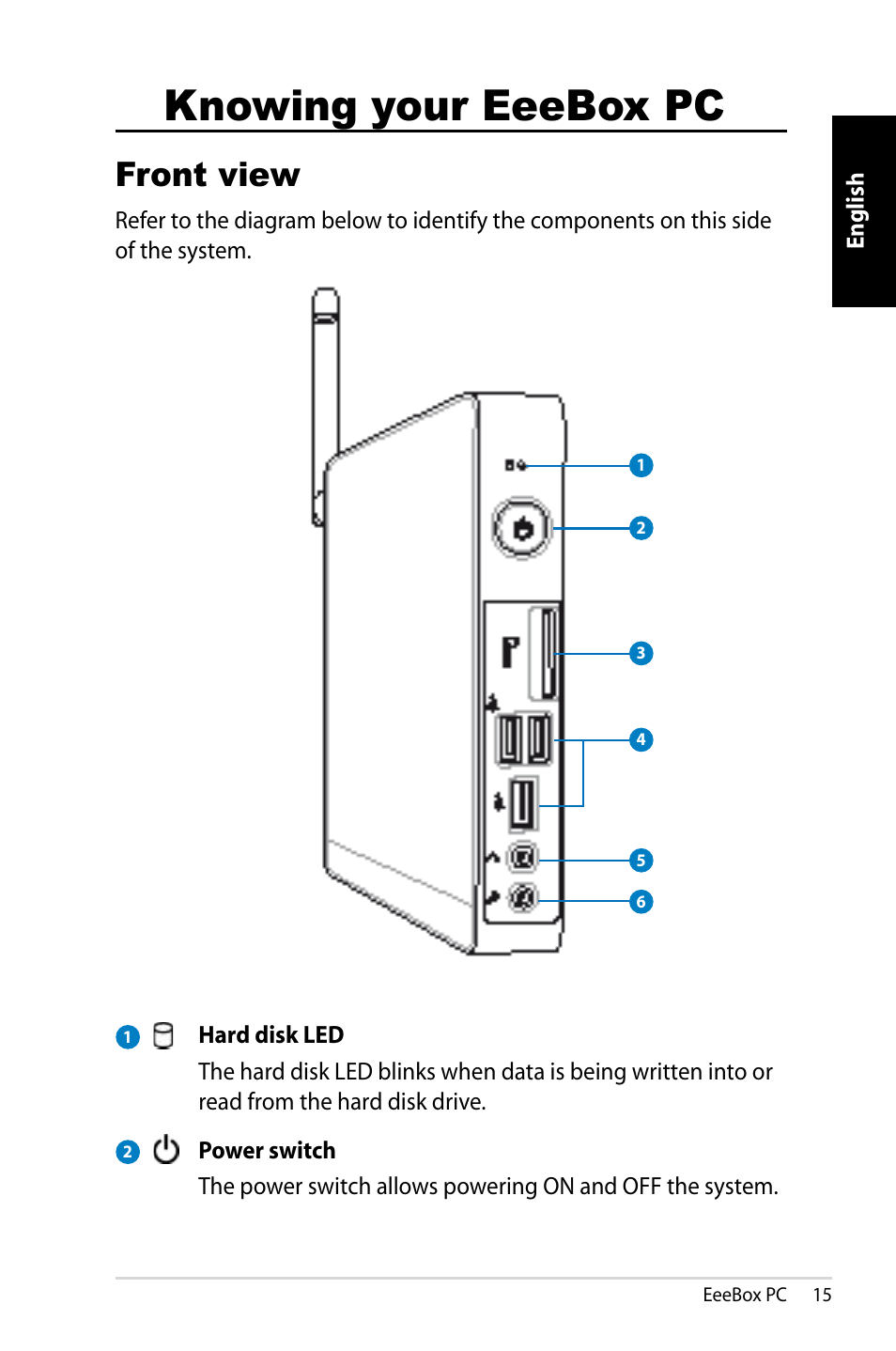 Knowing your eeebox pc, Front view | Asus EB1007 User Manual | Page 15 / 179