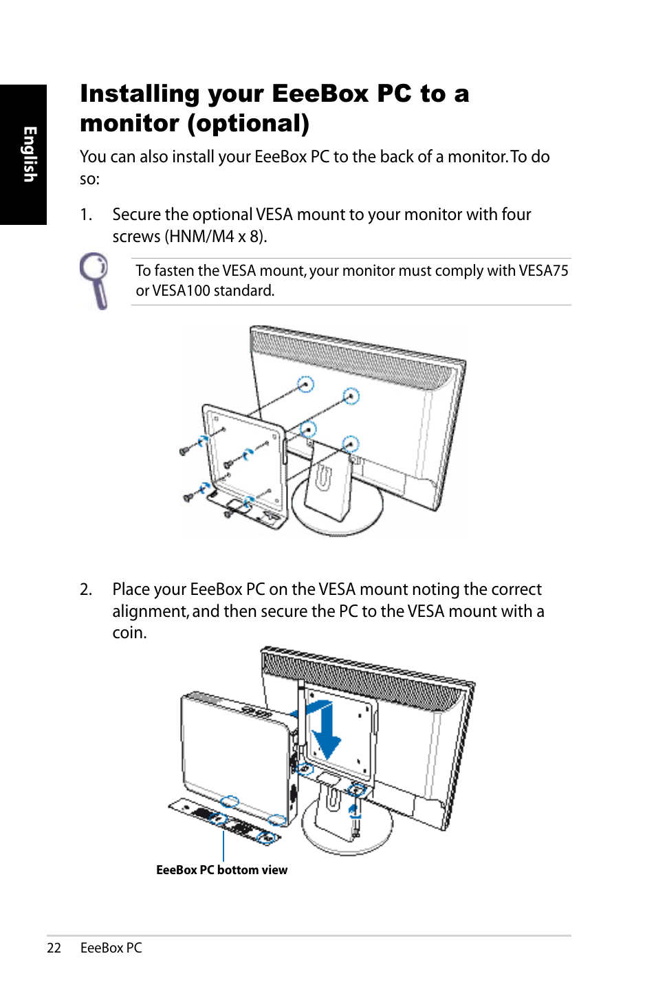 Installing your eeebox pc to a monitor (optional) | Asus EB1007 User Manual | Page 22 / 179