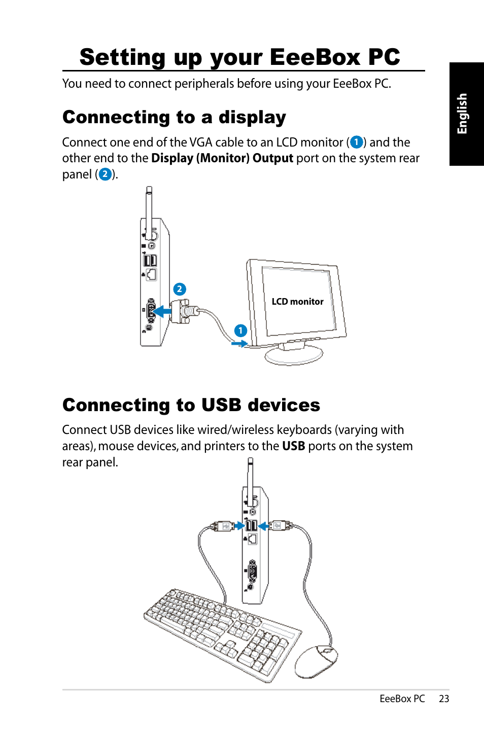 Setting up your eeebox pc, Connecting to a display, Connecting to usb devices | Connecting to a display connecting to usb devices | Asus EB1007 User Manual | Page 23 / 179