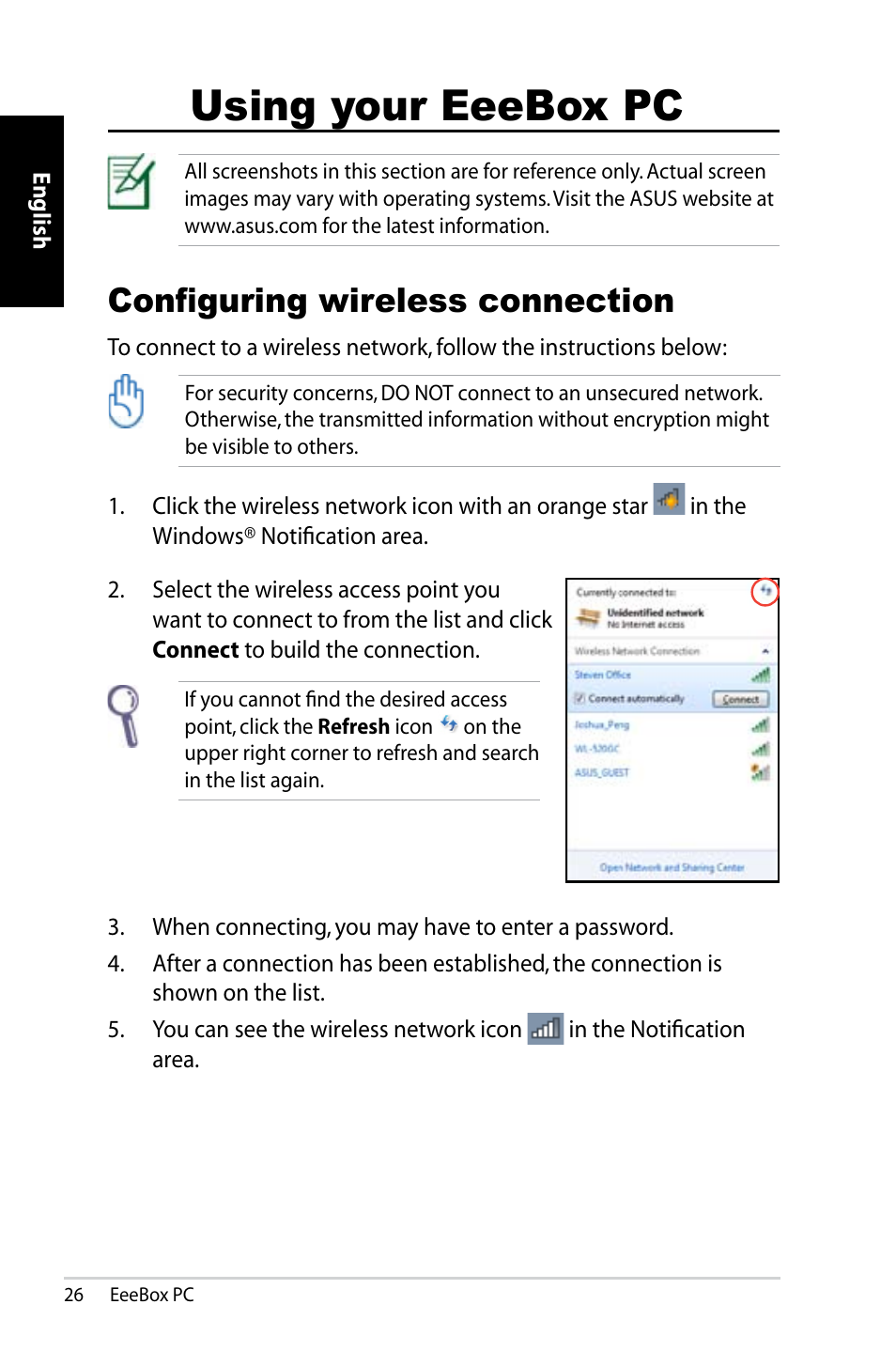 Using your eeebox pc, Configuring wireless connection | Asus EB1007 User Manual | Page 26 / 179