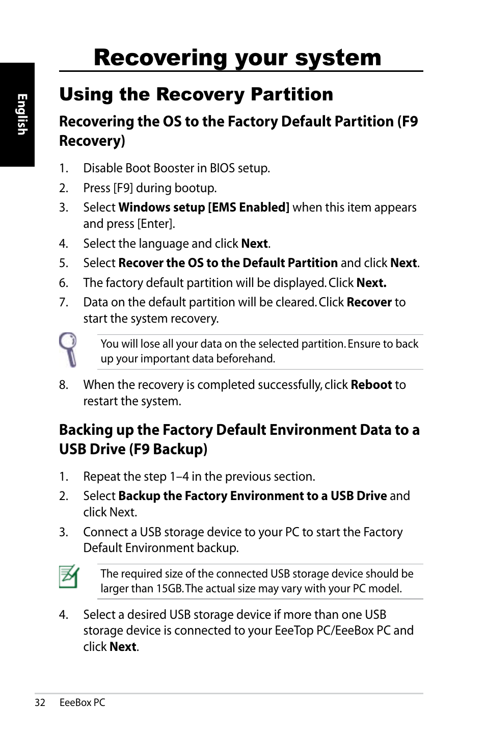 Recovering your system, Using the recovery partition | Asus EB1007 User Manual | Page 32 / 179