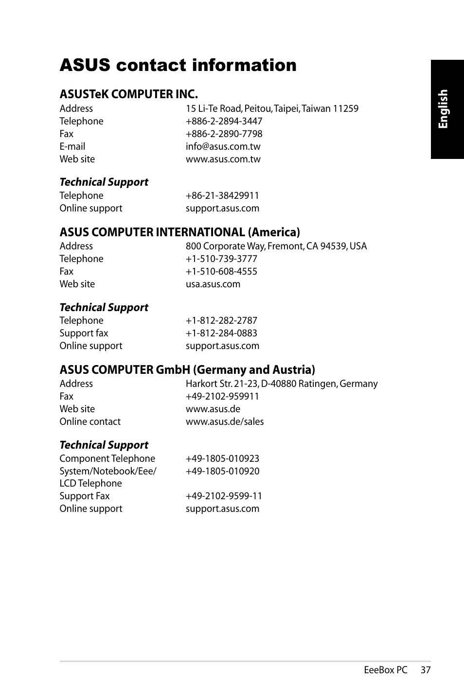 Asus contact information, English, Asustek computer inc | Asus computer international (america), Asus computer gmbh (germany and austria) | Asus EB1007 User Manual | Page 37 / 179