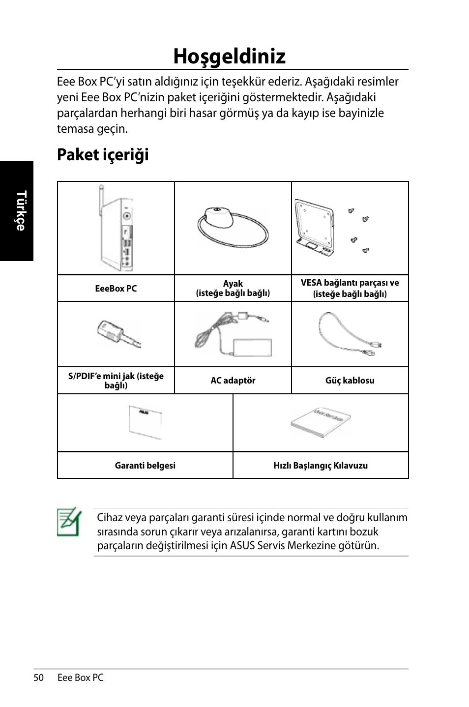 Hoşgeldiniz, Paket içeriği | Asus EB1007 User Manual | Page 50 / 179