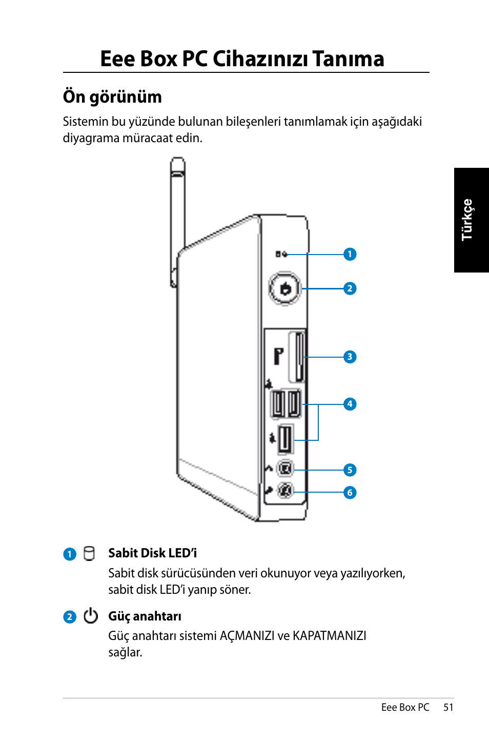 Eee box pc cihazınızı tanıma, Ön görünüm | Asus EB1007 User Manual | Page 51 / 179