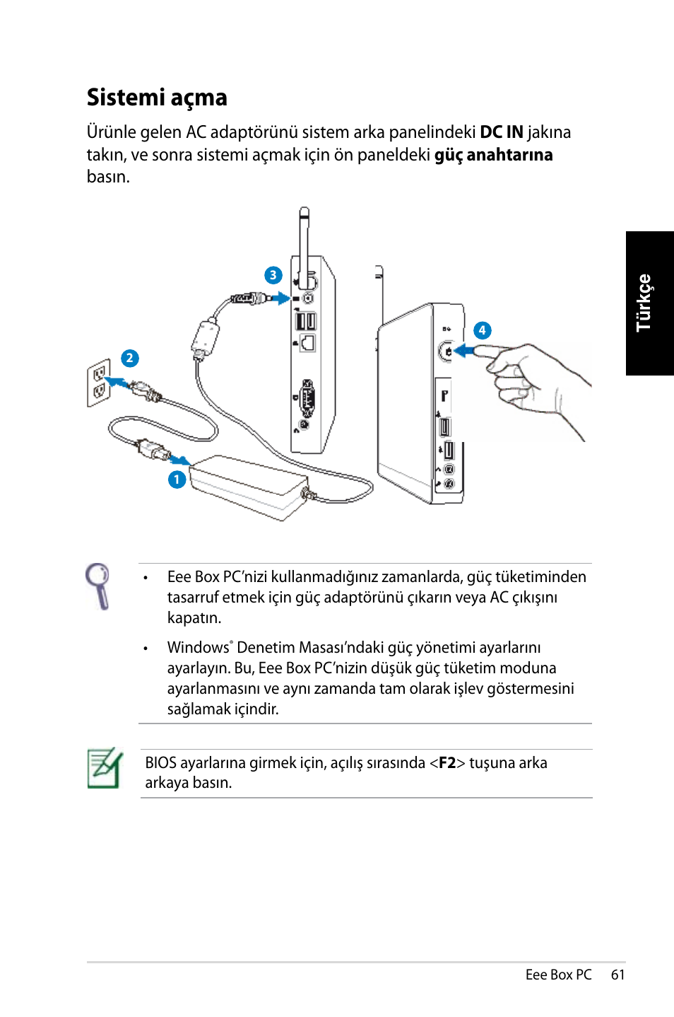 Sistemi açma | Asus EB1007 User Manual | Page 61 / 179