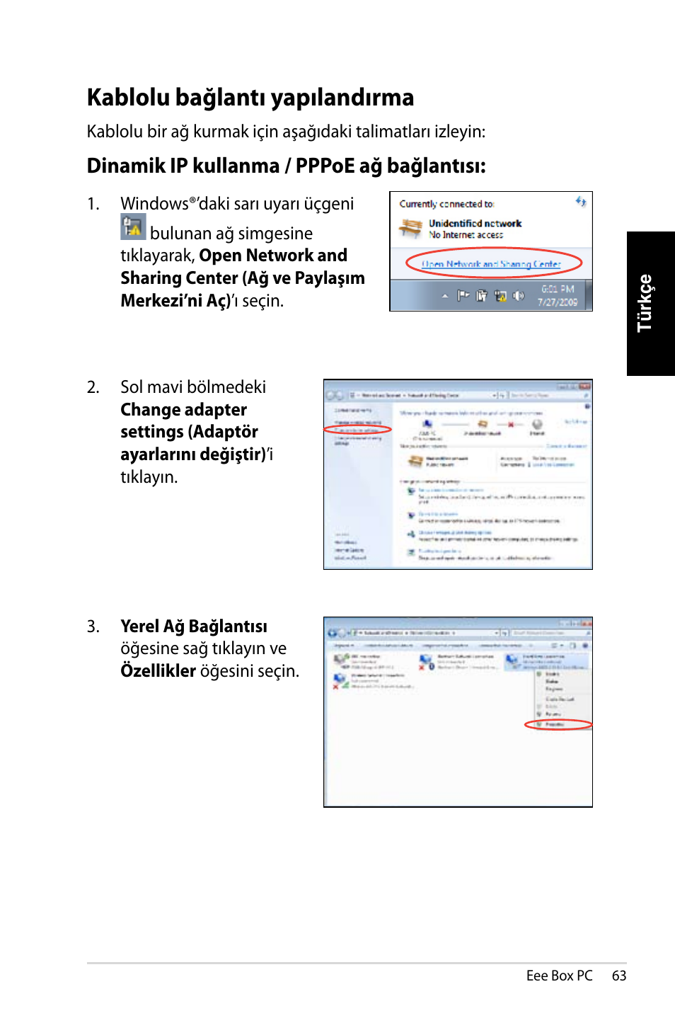 Kablolu bağlantı yapılandırma, Dinamik ip kullanma / pppoe ağ bağlantısı | Asus EB1007 User Manual | Page 63 / 179