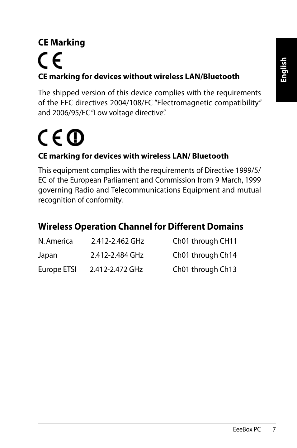 Ce marking, Wireless operation channel for different domains | Asus EB1007 User Manual | Page 7 / 179