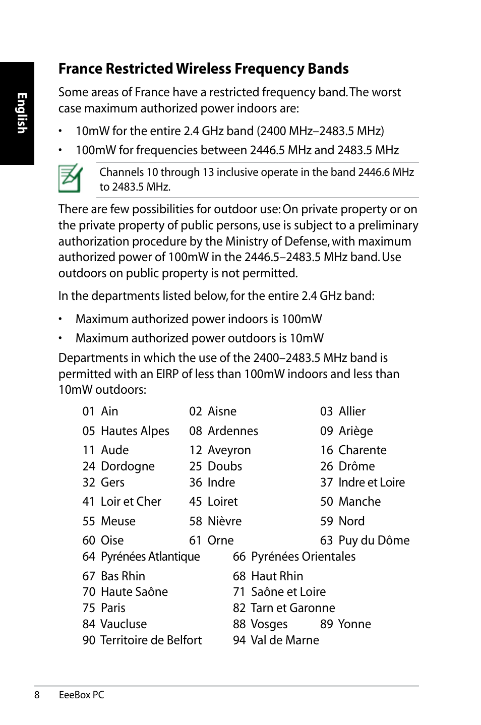 France restricted wireless frequency bands | Asus EB1007 User Manual | Page 8 / 179