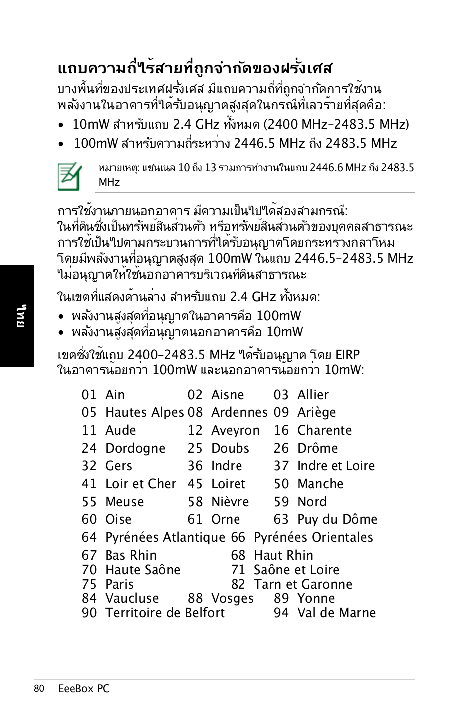 แถบความถี่ไร้สายที่ถูกจำกัดของฝรั่งเศส | Asus EB1007 User Manual | Page 80 / 179