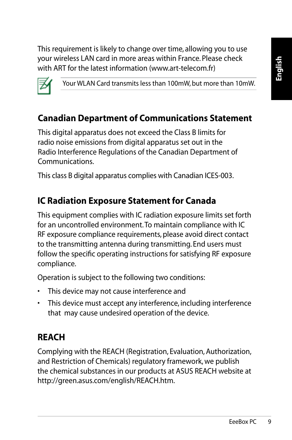 Canadian department of communications statement, Ic radiation exposure statement for canada, Reach | Asus EB1007 User Manual | Page 9 / 179