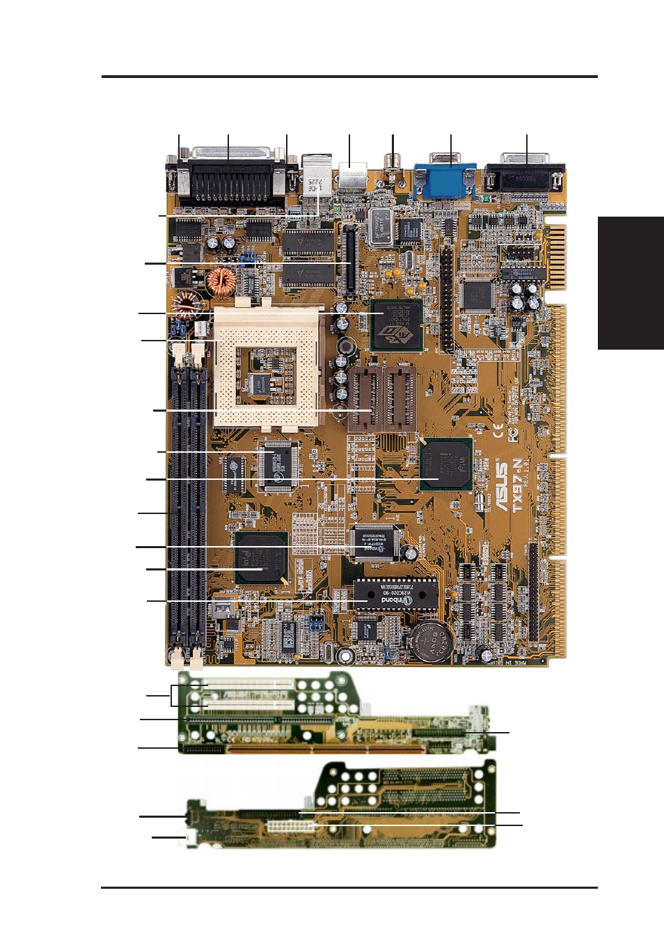 Ii. features, Parts of the asus tx97-n motherboard, Riser card back | Riser card front, Asus tx97-n user’s manual 9, Ii. fea tures (motherboard parts) | Asus TX97-N User Manual | Page 9 / 60