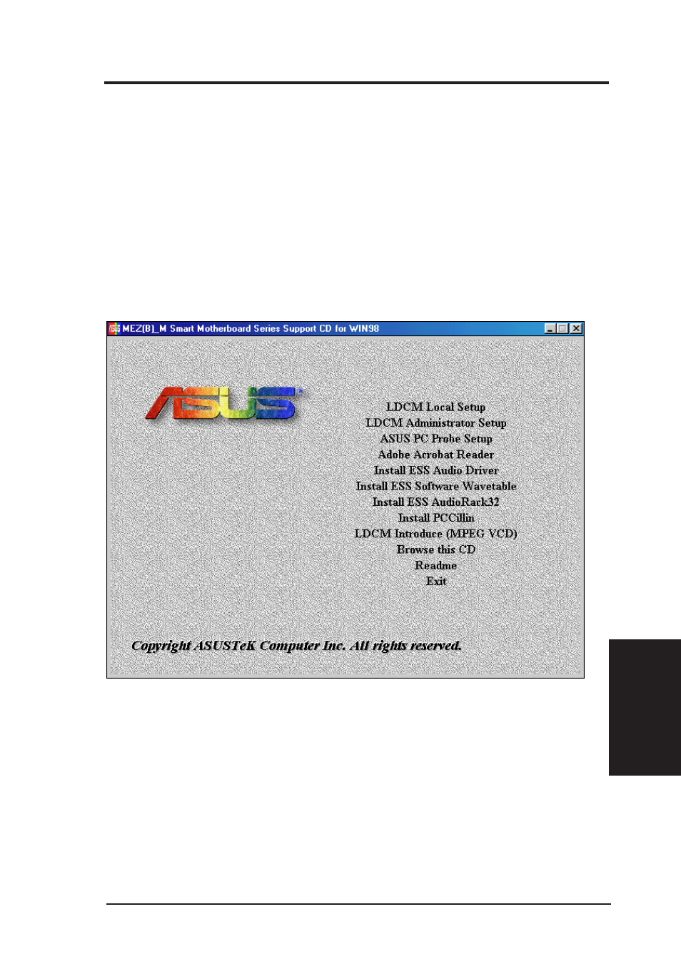 V. software setup, Operating systems, Meb-m support cd (windows 98) | Asus MEB-M User Manual | Page 61 / 96