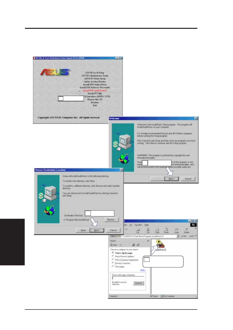 V. software setup, Installing audiorack32 | Asus MEB-M User Manual | Page 64 / 96