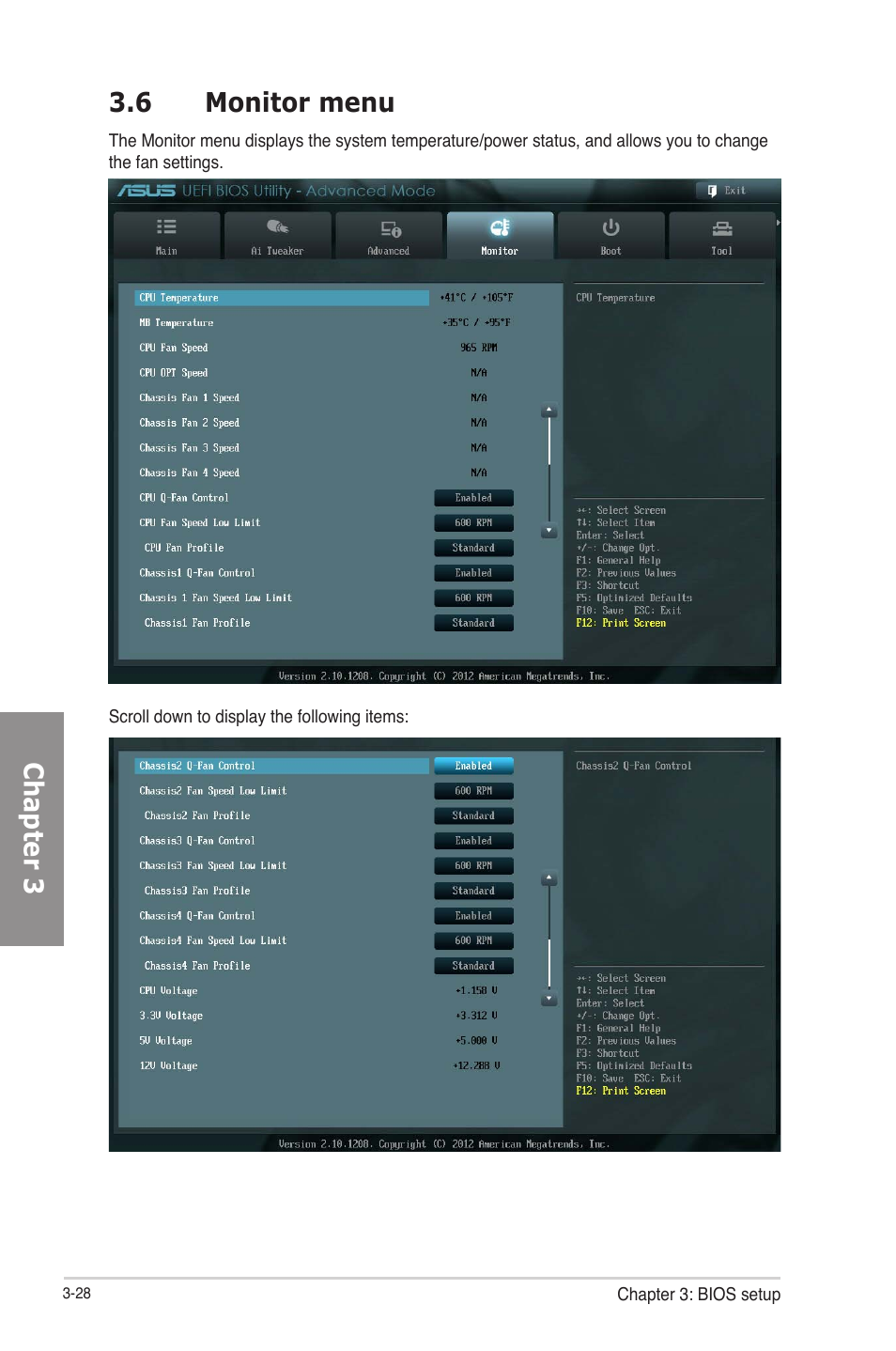 6 monitor menu, Monitor menu -28, Chapter 3 3.6 monitor menu | Asus P8Z77-V PRO/THUNDERBOLT User Manual | Page 100 / 164