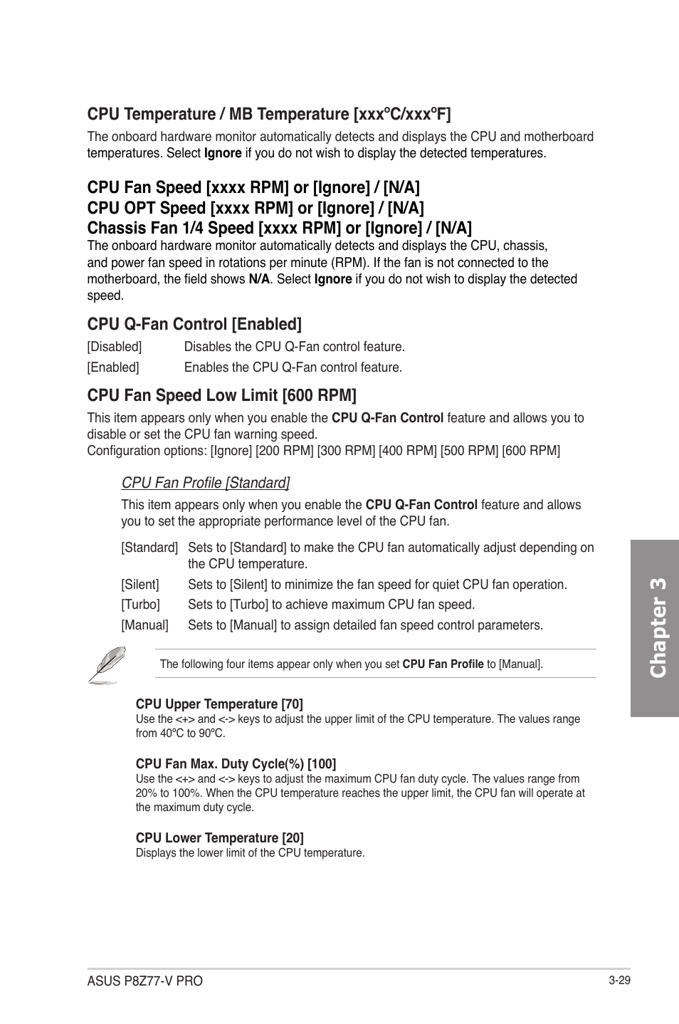 Chapter 3, Cpu temperature / mb temperature [xxxºc/xxxºf, Cpu q-fan control [enabled | Cpu fan speed low limit [600 rpm | Asus P8Z77-V PRO/THUNDERBOLT User Manual | Page 101 / 164