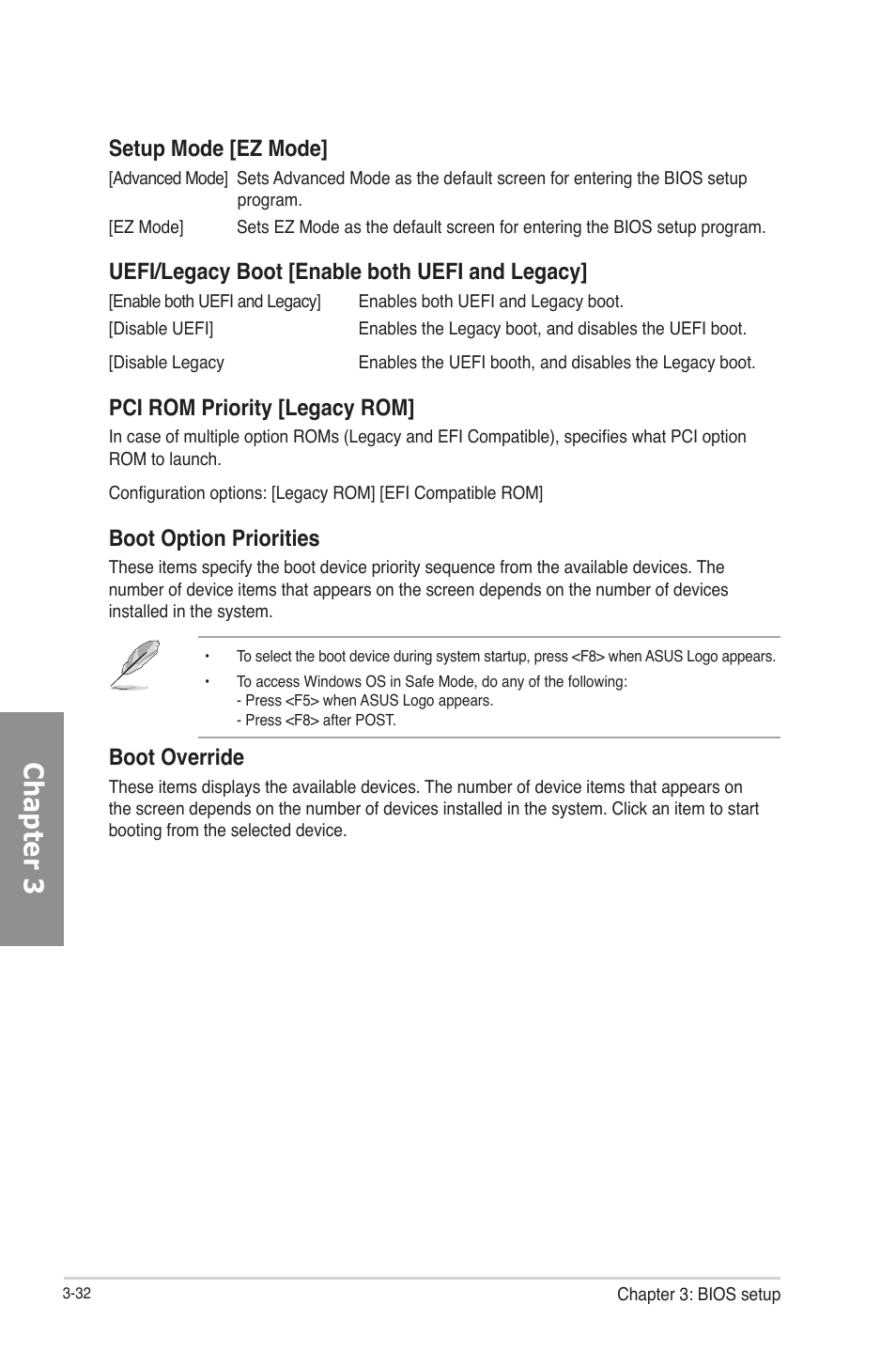 Chapter 3, Setup mode [ez mode, Uefi/legacy boot [enable both uefi and legacy | Pci rom priority [legacy rom, Boot option priorities, Boot override | Asus P8Z77-V PRO/THUNDERBOLT User Manual | Page 104 / 164