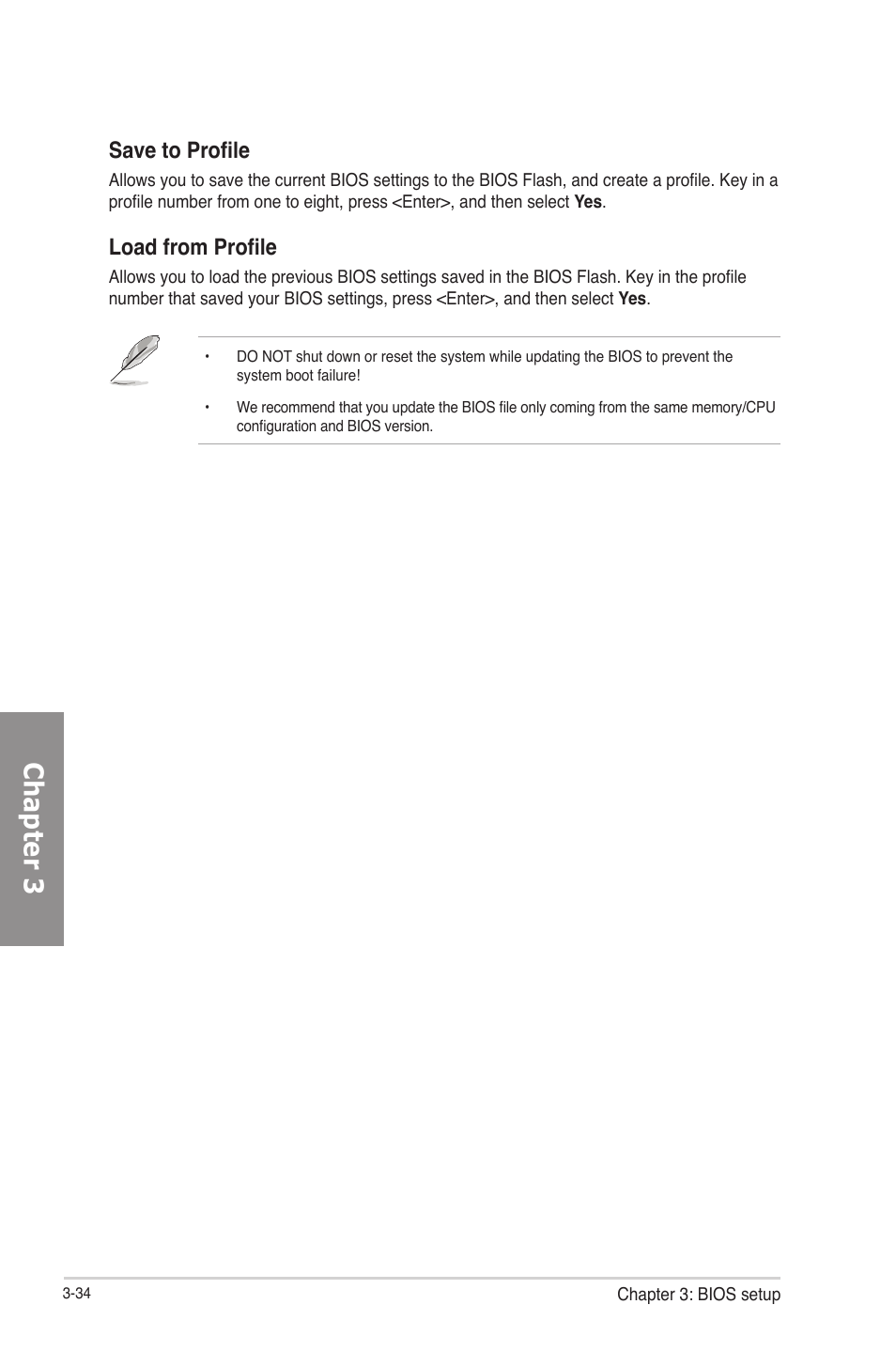 Chapter 3, Save to profile, Load from profile | Asus P8Z77-V PRO/THUNDERBOLT User Manual | Page 106 / 164