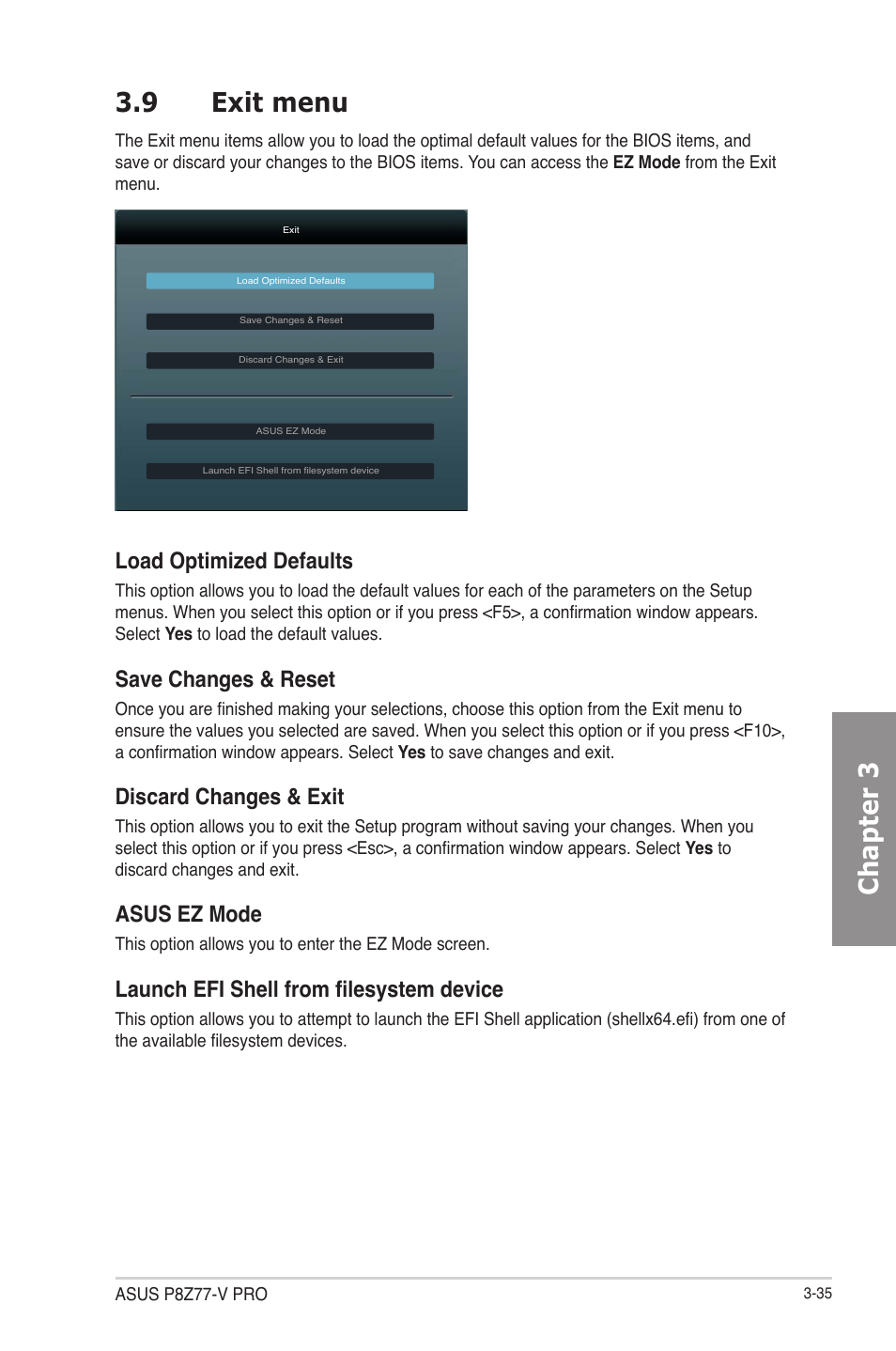 9 exit menu, Exit menu -35, Chapter 3 3.9 exit menu | Load optimized defaults, Save changes & reset, Discard changes & exit, Asus ez mode, Launch efi shell from filesystem device | Asus P8Z77-V PRO/THUNDERBOLT User Manual | Page 107 / 164