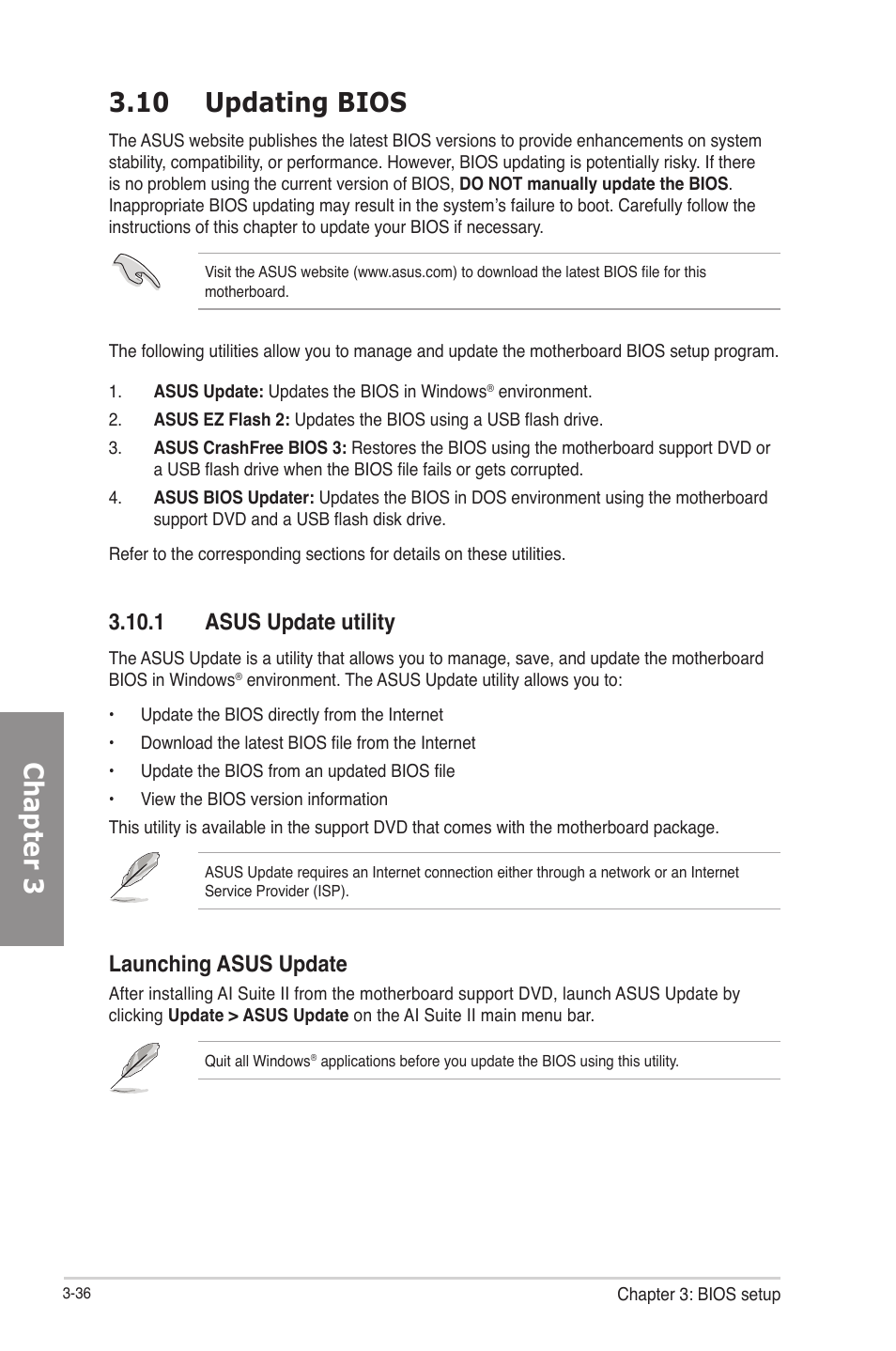 10 updating bios, 1 asus update utility, Updating bios -36 3.10.1 | Asus update utility -36, Chapter 3 3.10 updating bios, Launching asus update | Asus P8Z77-V PRO/THUNDERBOLT User Manual | Page 108 / 164