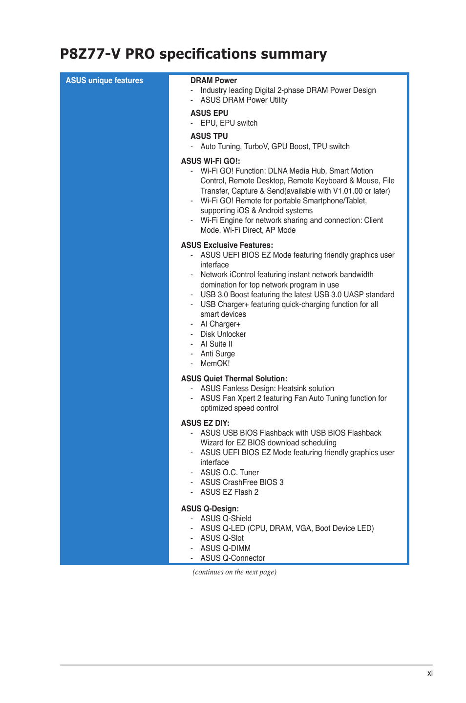 P8z77-v pro specifications summary | Asus P8Z77-V PRO/THUNDERBOLT User Manual | Page 11 / 164