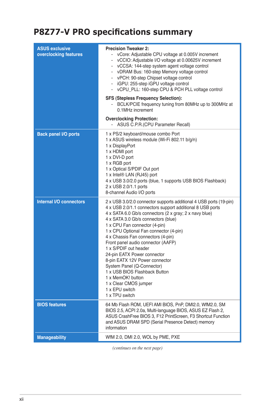 P8z77-v pro specifications summary | Asus P8Z77-V PRO/THUNDERBOLT User Manual | Page 12 / 164