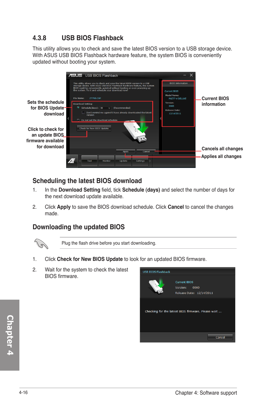 8 usb bios flashback, Usb bios flashback -16, Chapter 4 | Scheduling the latest bios download, Downloading the updated bios | Asus P8Z77-V PRO/THUNDERBOLT User Manual | Page 130 / 164