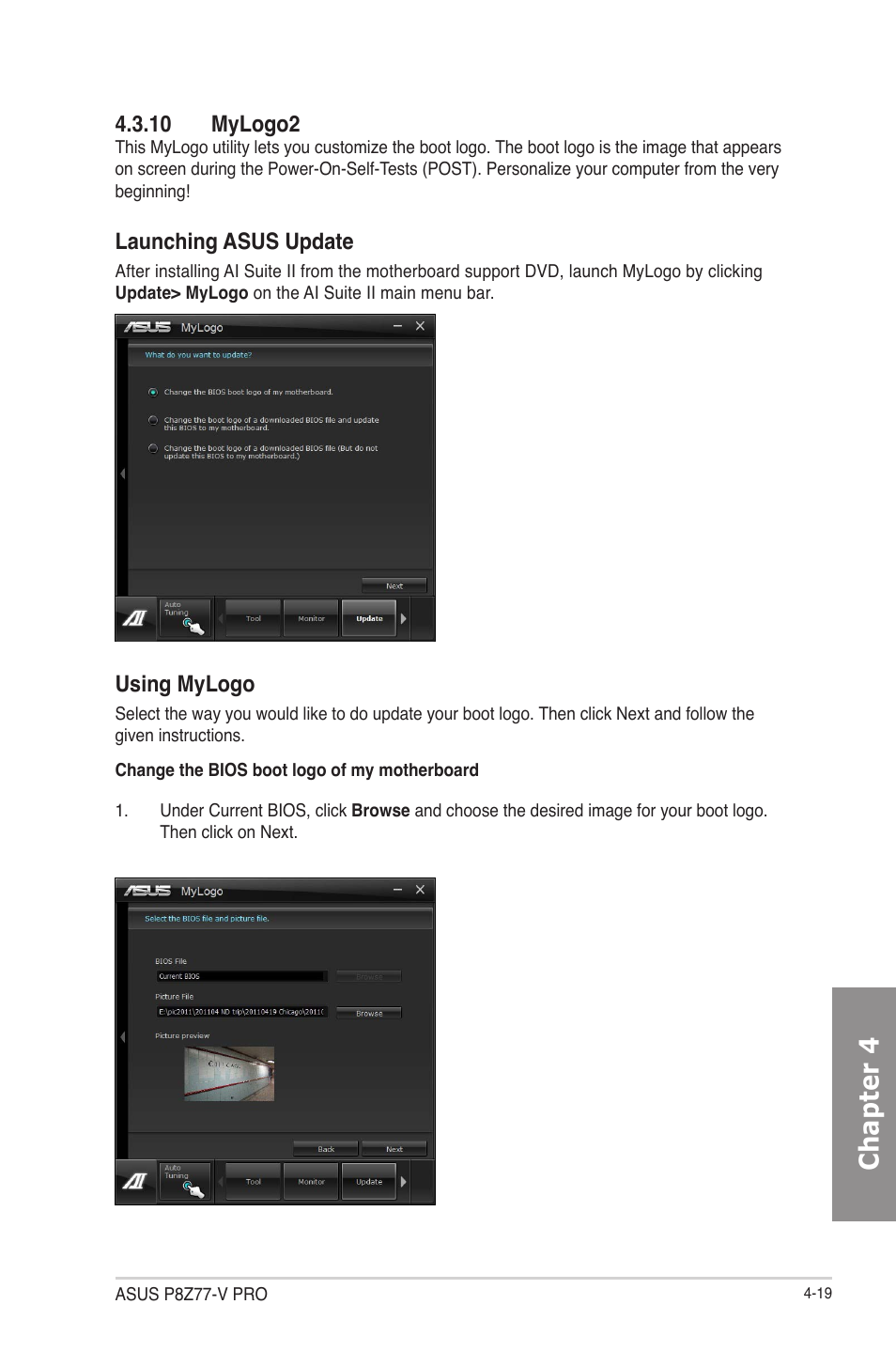 10 mylogo2, Mylogo2 -19, Chapter 4 | Launching asus update, Using mylogo | Asus P8Z77-V PRO/THUNDERBOLT User Manual | Page 133 / 164