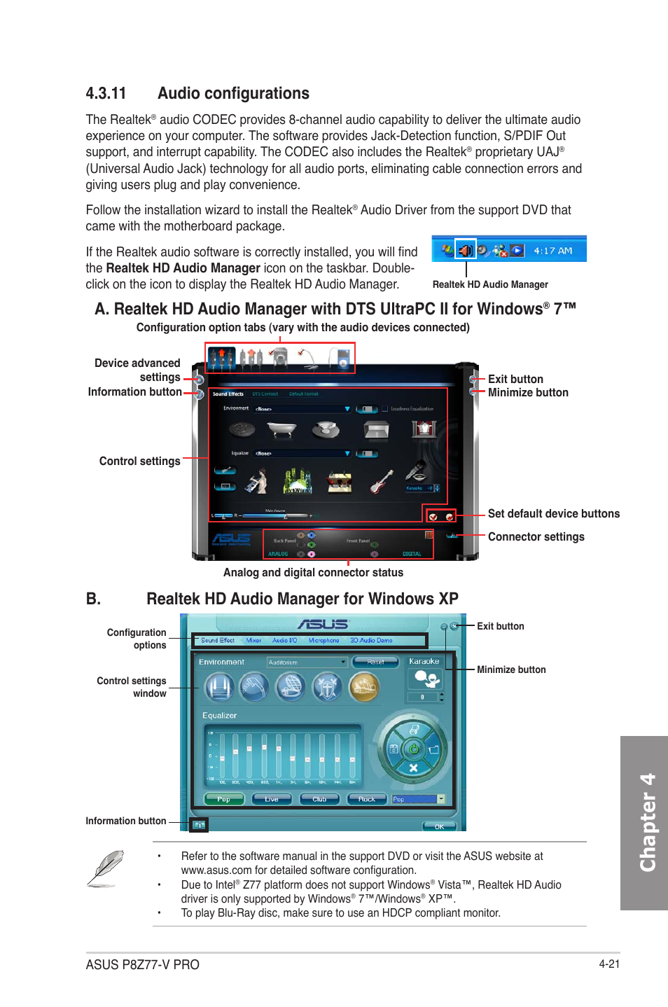 11 audio configurations, Audio configurations -21, Chapter 4 | B. realtek hd audio manager for windows xp | Asus P8Z77-V PRO/THUNDERBOLT User Manual | Page 135 / 164