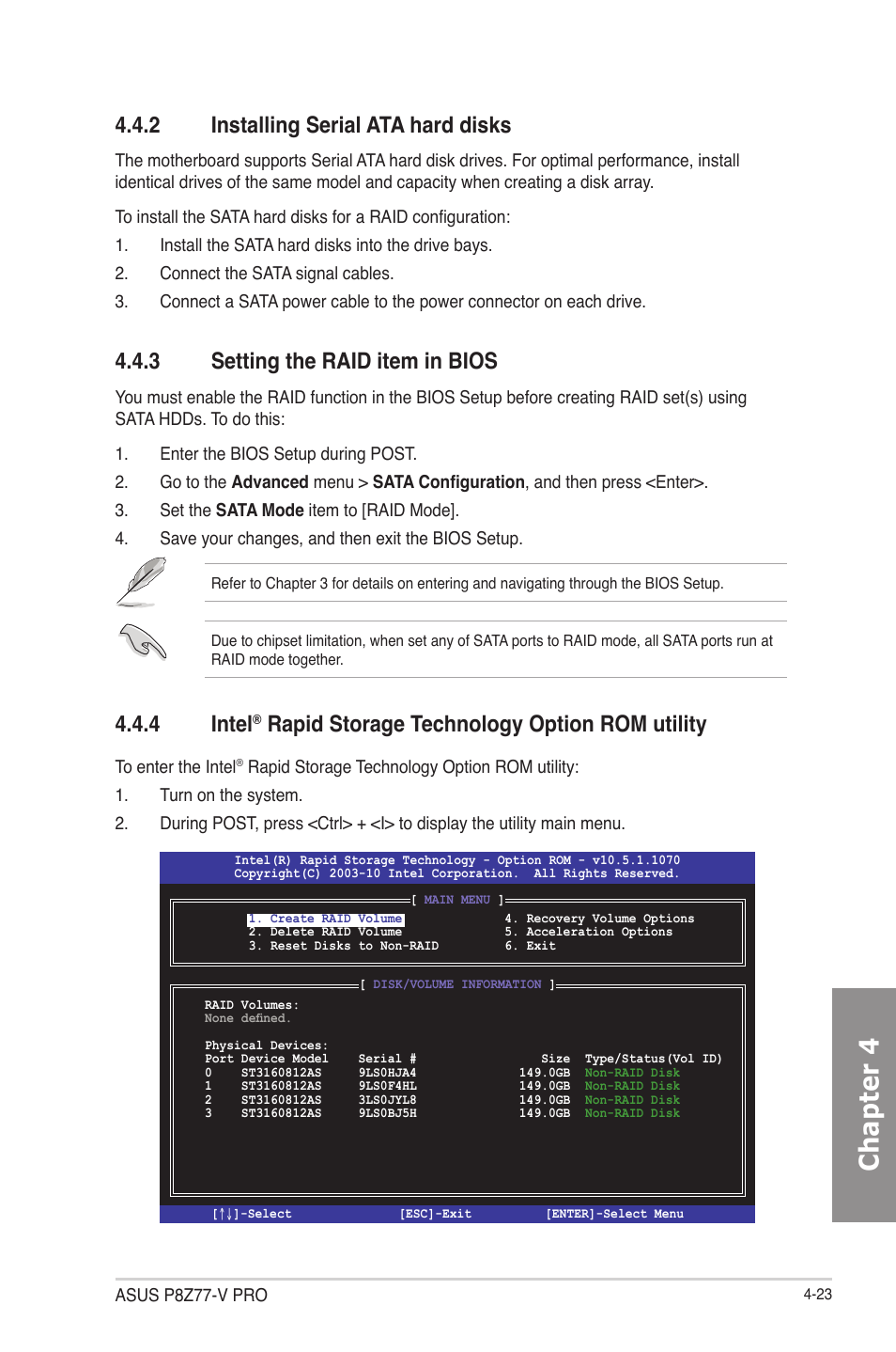 2 installing serial ata hard disks, 3 setting the raid item in bios, Installing serial ata hard disks -23 | Setting the raid item in bios -23, Intel, Rapid storage technology option rom utility -23, Chapter 4, 4 intel, Rapid storage technology option rom utility | Asus P8Z77-V PRO/THUNDERBOLT User Manual | Page 137 / 164