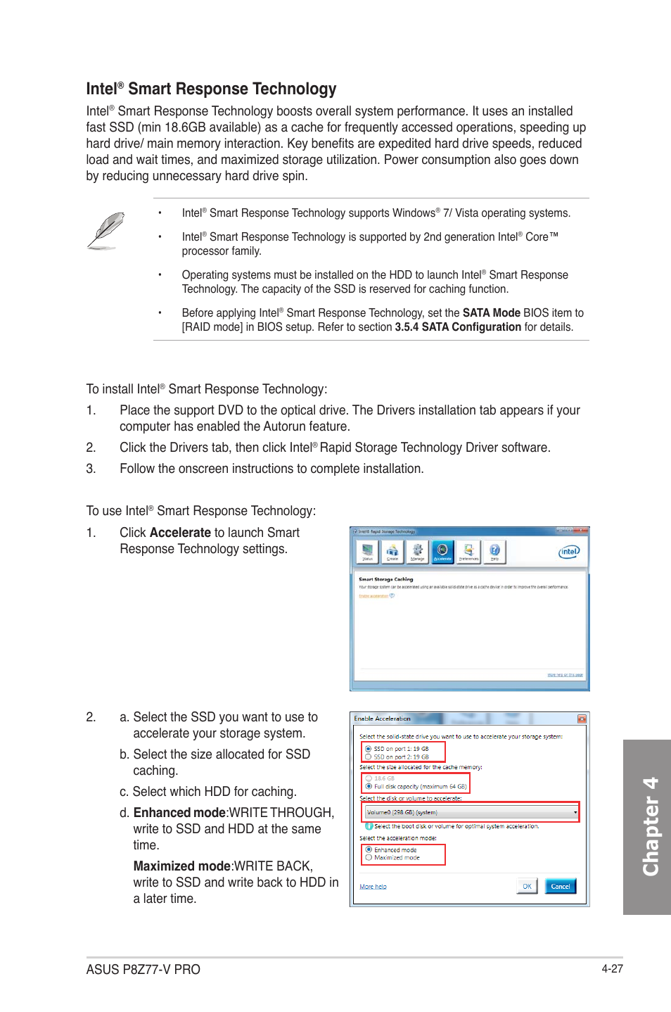 Chapter 4, Intel, Smart response technology | Asus P8Z77-V PRO/THUNDERBOLT User Manual | Page 141 / 164