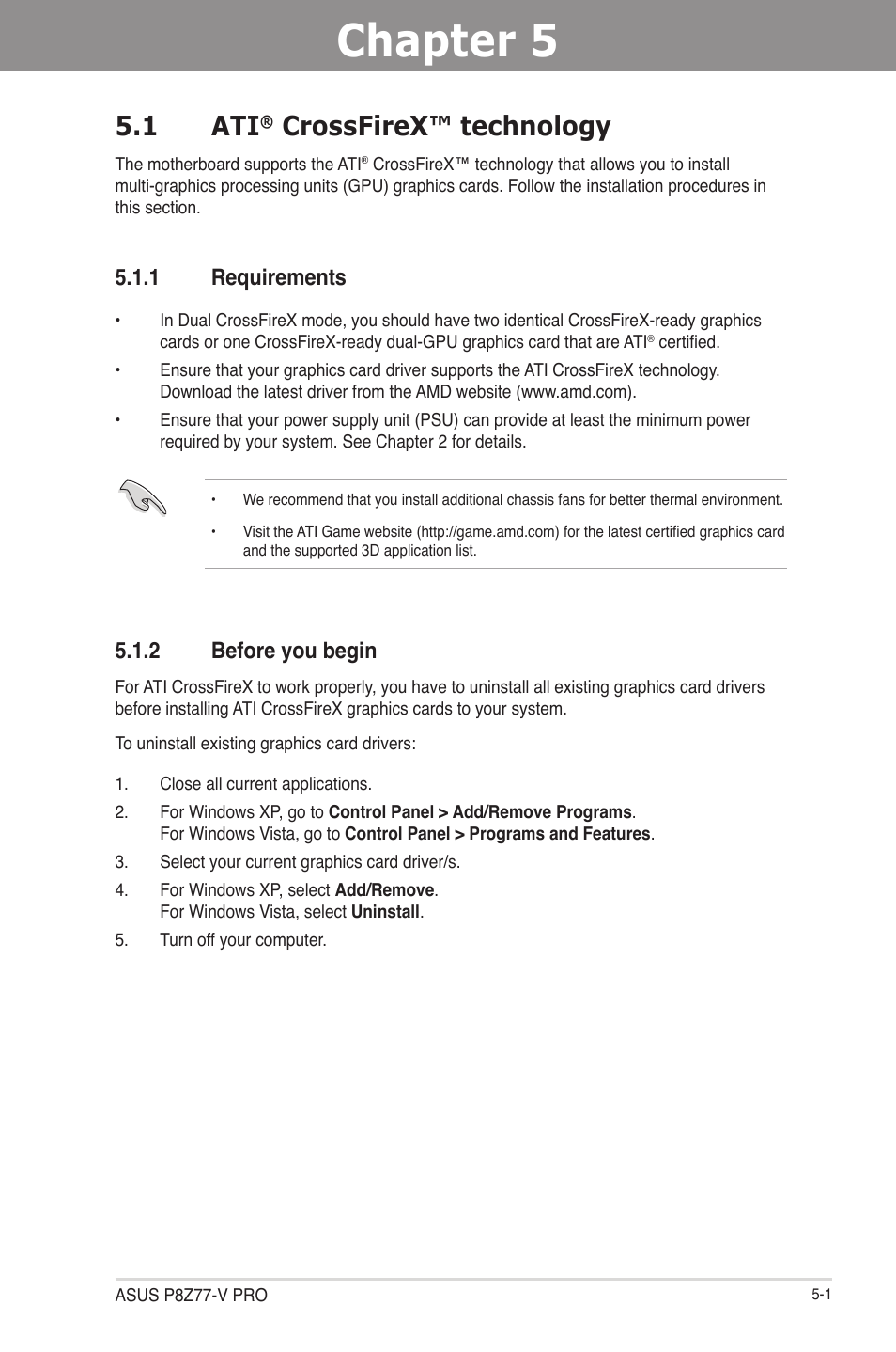 Chapter 5: multiple gpu technology support, 1 ati® crossfirex™ technology, 1 requirements | 2 before you begin, Chapter 5, Multiple gpu technology support, Crossfirex™ technology -1, Requirements -1, Before you begin -1, 1 ati | Asus P8Z77-V PRO/THUNDERBOLT User Manual | Page 147 / 164